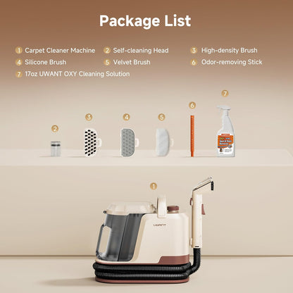 Uwant Portable Carpet and Upholstery for Deep Cleaner, 18Kpa Carpet Cleaner Machine for Cars, Pets with Pet Pro Solution and Self Cleaning Set of 1 for Spot, Rug, Couch