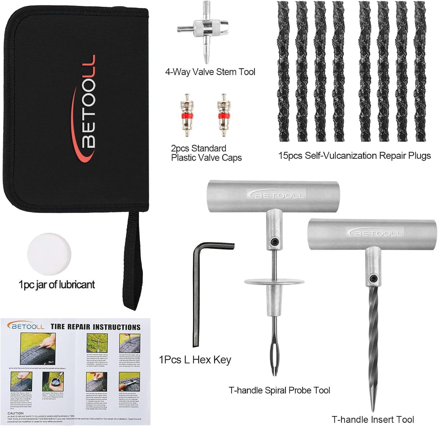 BETOOLL Tire Repair Kit, 24 Pcs Professional Heavy Duty Universal Emergency Flat Tire Repair Kit to Fix Punctures, for car Motorcycle, Truck, Golf Cart, ATV, Tractor, ARB, RV, SUV, Trailer etc.
