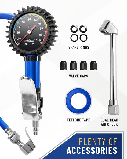 GERCHWAY Tire Inflator with Pressure Gauge and Longer Hose - Most Accurate, Heavy Duty Air Chuck with Gauge for Air Compressor Tire Inflator Attachment - 100PSI
