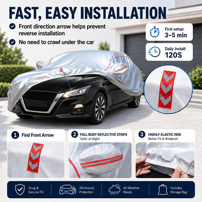 Car Cover for Sedan, Waterproof All Weather Heavy Duty, 360° Underbody Wrap Windproof Design, Quick Install Outdoor Vehicle Cover, Fits 186-193 in