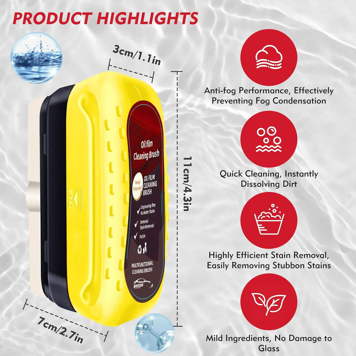 Automotive Oil Film Cleaning Brush with Reusable Foam Sprayer, Upgraded Antifog Glass Cleaning Board, Glass Oil Film Remover for Car Windows & Windshields, Versatile Car Glass Cleaner Brush (Red)