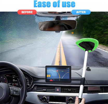 Windshield Cleaning Tool, Car Window Cleaner with Extendable Long Handle and 4 Washable Reusable Microfiber Pads, Auto Interior Exterior Glass Wiper Cleaning Kit Universal for Office and Home (Blue)