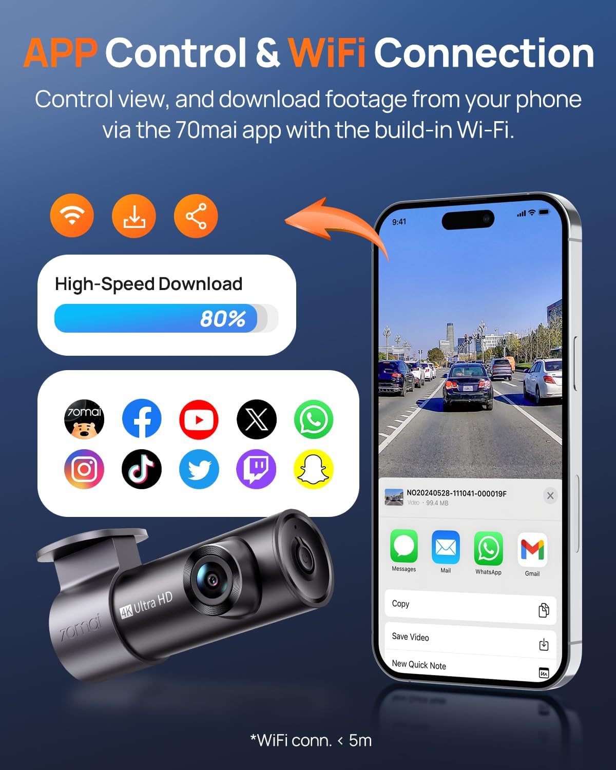 70mai Dash Cam M310, Dash Camera for Cars 1296P QHD, Smart Dash Cam Front Built in WiFi, 130° Wide-Angle FOV, WDR, Night Vision, iOS/Android Mobile App, Loop Recording, Parking Monitor, Time-Lapse