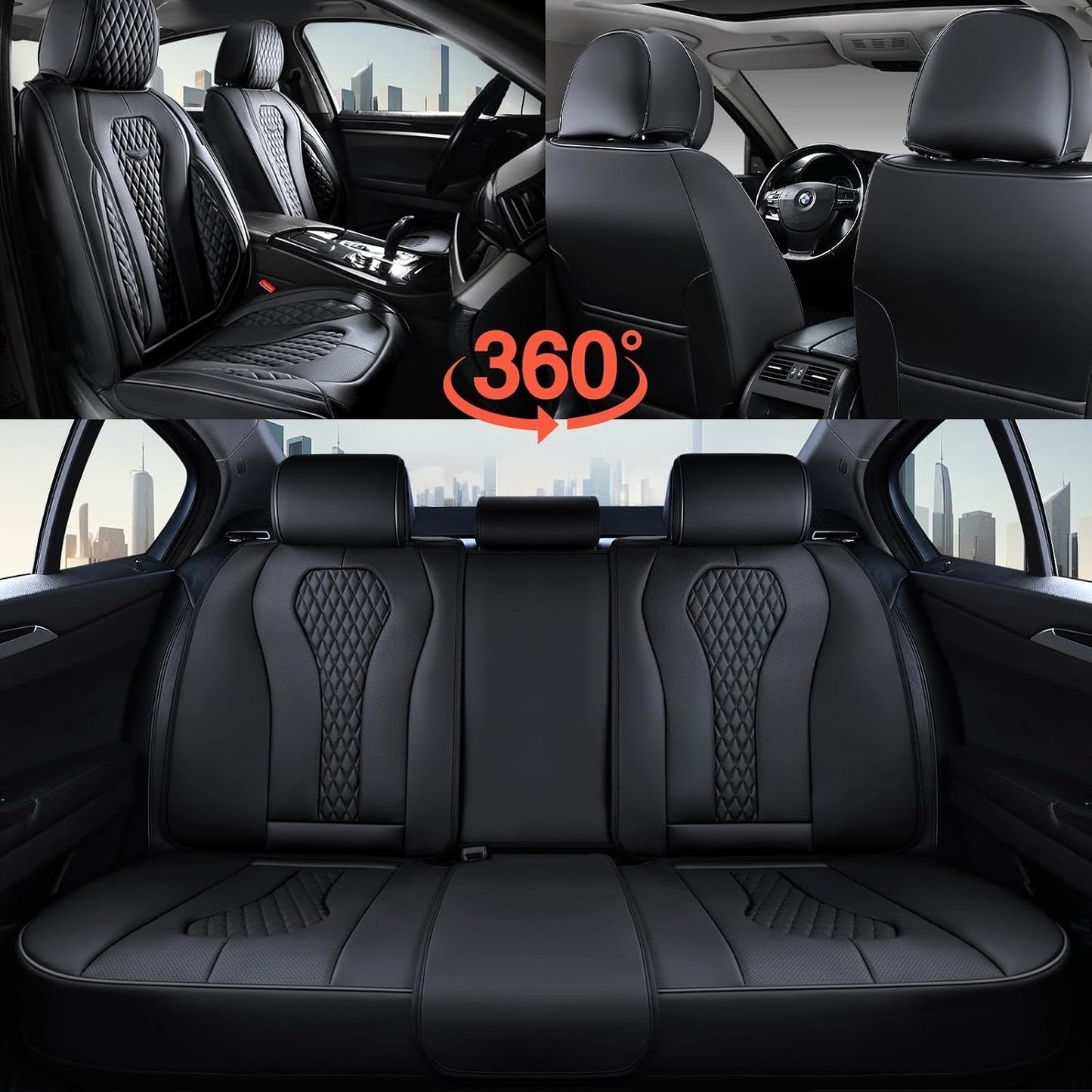 Coverado Seat Covers, Car Seat Covers Full Set, Black Car Seat Cover, Car Seat Covers Front Seats Back Seat Cover, Waterproof Car Seat Cushion, Leather Seat Covers Seat Protector Fit for Most Cars