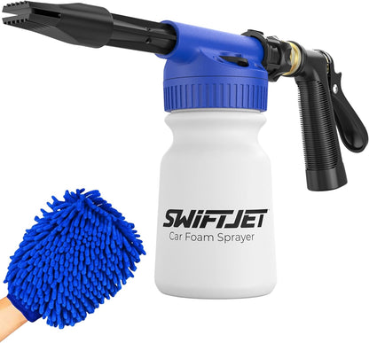 SwiftJet Car Wash Foam Gun + Microfiber Wash Mitt - Foam Cannon Works with Any Soap - Garden Hose Car Foam Sprayer - Car Wash Kit - Car Accessories Foam Blaster (Orange Foam Gun with Mitt)