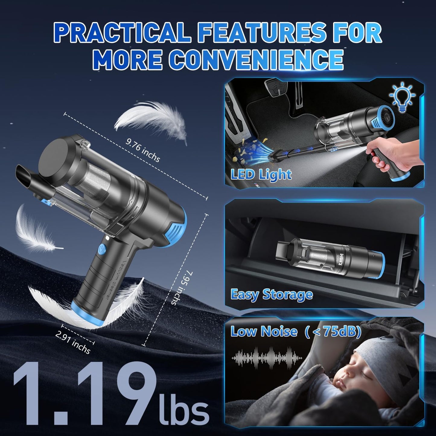 KMM Handheld Car Vacuum Cleaner, 10000PA Vacuum Cleaner & Air Duster, 120W High Power Hand Held Vacuum Cordless, Portable Vacuum Rechargeable with Multi-Nozzles & LED Light for Car, Home, Pet, Office
