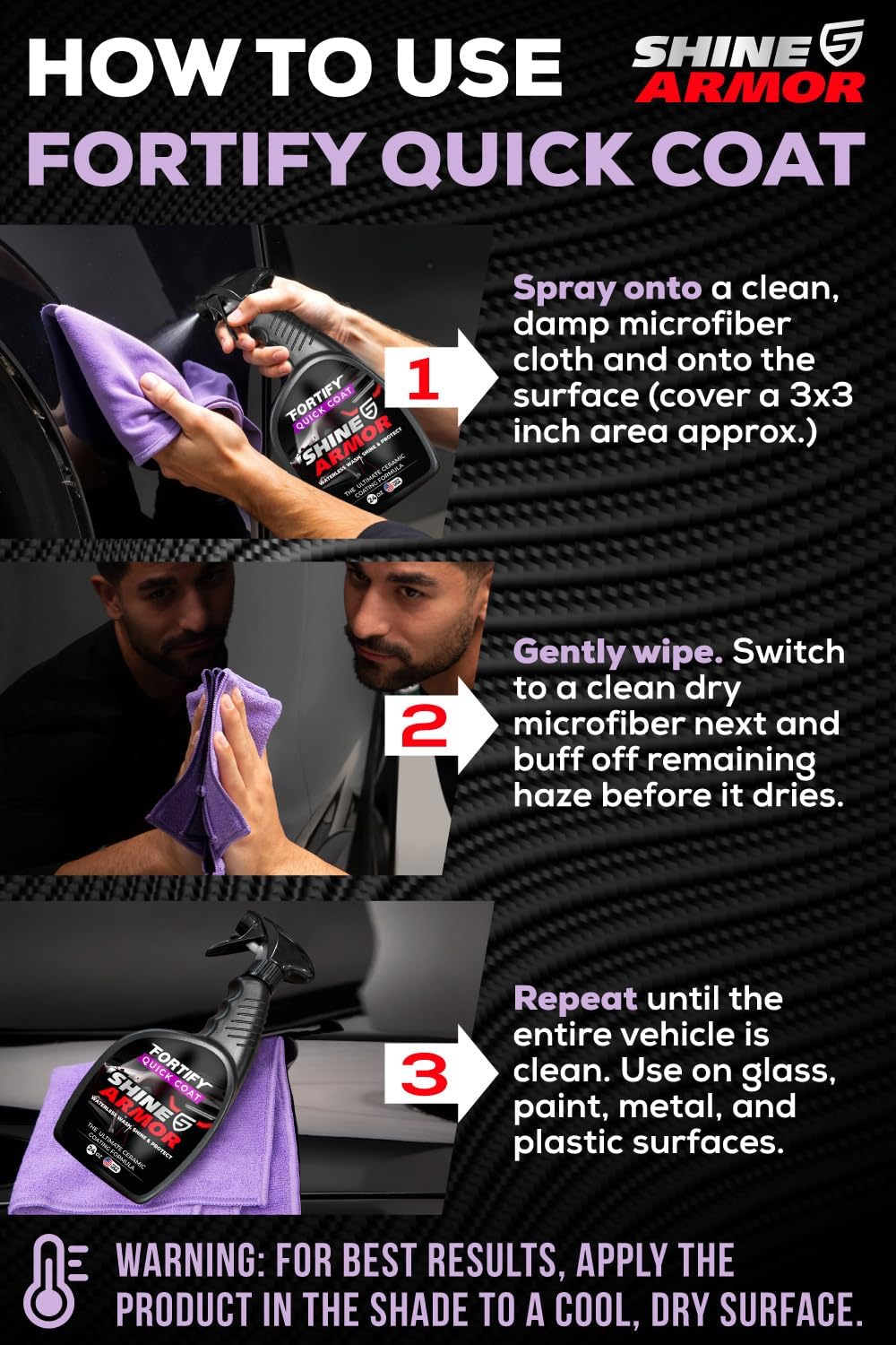 SHINE ARMOR Fortify Quick Coat: 3-in-1 Waterless Car Wash Spray with Ceramic Coating - Car Wax, Paint Protector, and Cleaner for Trucks, Bikes and SUVs, Made in USA, 16floz
