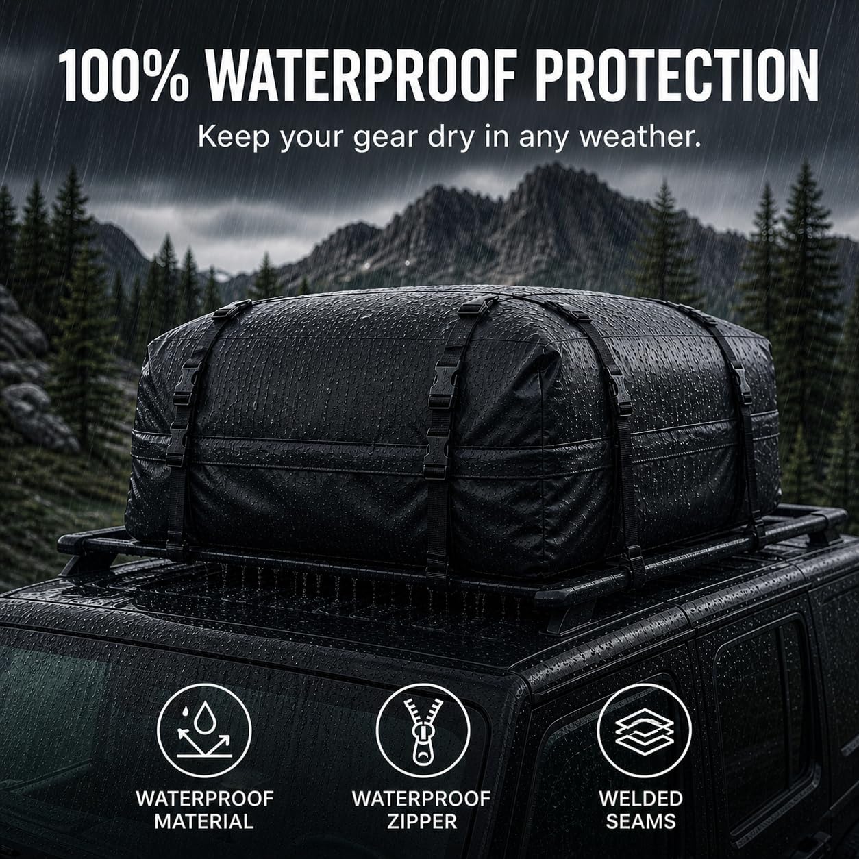 SR1 Performance USA Waterproof Rooftop Cargo Bag – Car Roof Carrier for Cars/SUVs with/Without Rack, Includes Non-Slip Mat, Heavy-Duty Straps, Lock for Secure Travel Storage (20 Cubic Feet, Jeep Logo)