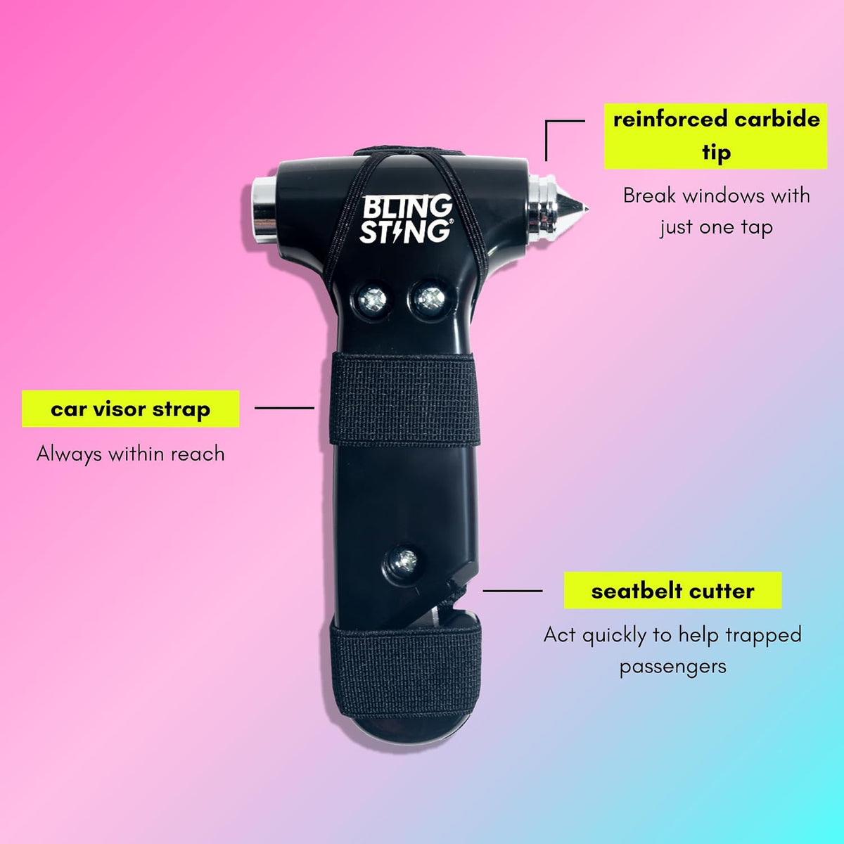 BLINGSTING Safety Hammer - Emergency Automotive Escape Tool with Window Breaker, Seat Belt Cutter & Adjustable Car Visor Strap - Tempered Glass Breaker - Steel Blade - Rose Gold (1 Count)