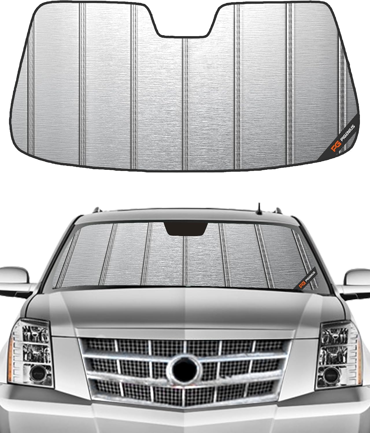 Pigenius Windshield Sunshade for Chevy Silverado/GMC Sierra 1500 2007-2013 (New Body Style Only), 2500HD/3500HD 2007-2014, Metallic Silver Finish