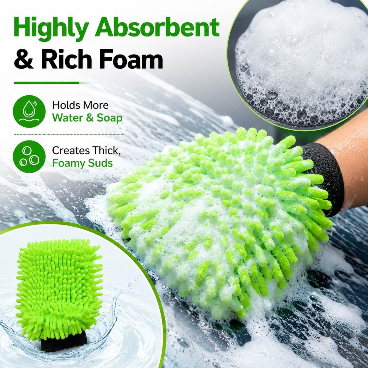 2PK Chenille Microfiber Car Wash Mitt – Ultra-Soft, Scratch-Free, Highly Absorbent Wash Mitts for Car Washing & Detailing, Lint-Free with Rich Foam (8.27" x 6.3")