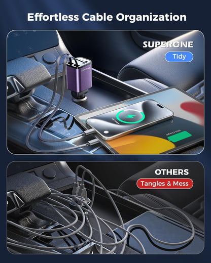 Retractable Car Charger, SUPERONE 99W Car Phone Charger with Cables Fast Charging, USB C Car Charger Adapter for iPhone 17 16 15 14 13 12, Samsung, Black