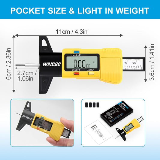 Tire Tread Depth Gauge, 3 Modes Digital Tire Depth Gauge-Fractional Inch, Decimal Inch and Millimeter for Motorcycles, Cars, Trucks, Vans, SUV - Yellow