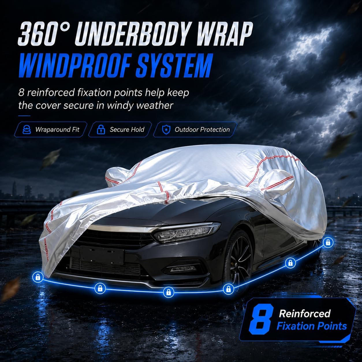 Car Cover for Sedan, Waterproof All Weather Heavy Duty, 360° Underbody Wrap Windproof Design, Quick Install Outdoor Vehicle Cover, Fits 186-193 in