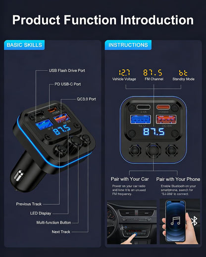 Bluetooth Fm Transmitter for Car, 54w Fast Charging, Blue Tooth 5.4 Car Charger USB-C USB-A Multi Ports, Wireless Radio Aux Cigarette Lighter Adapter Auxiliary for Samsung Galaxy Android iPhone Apple