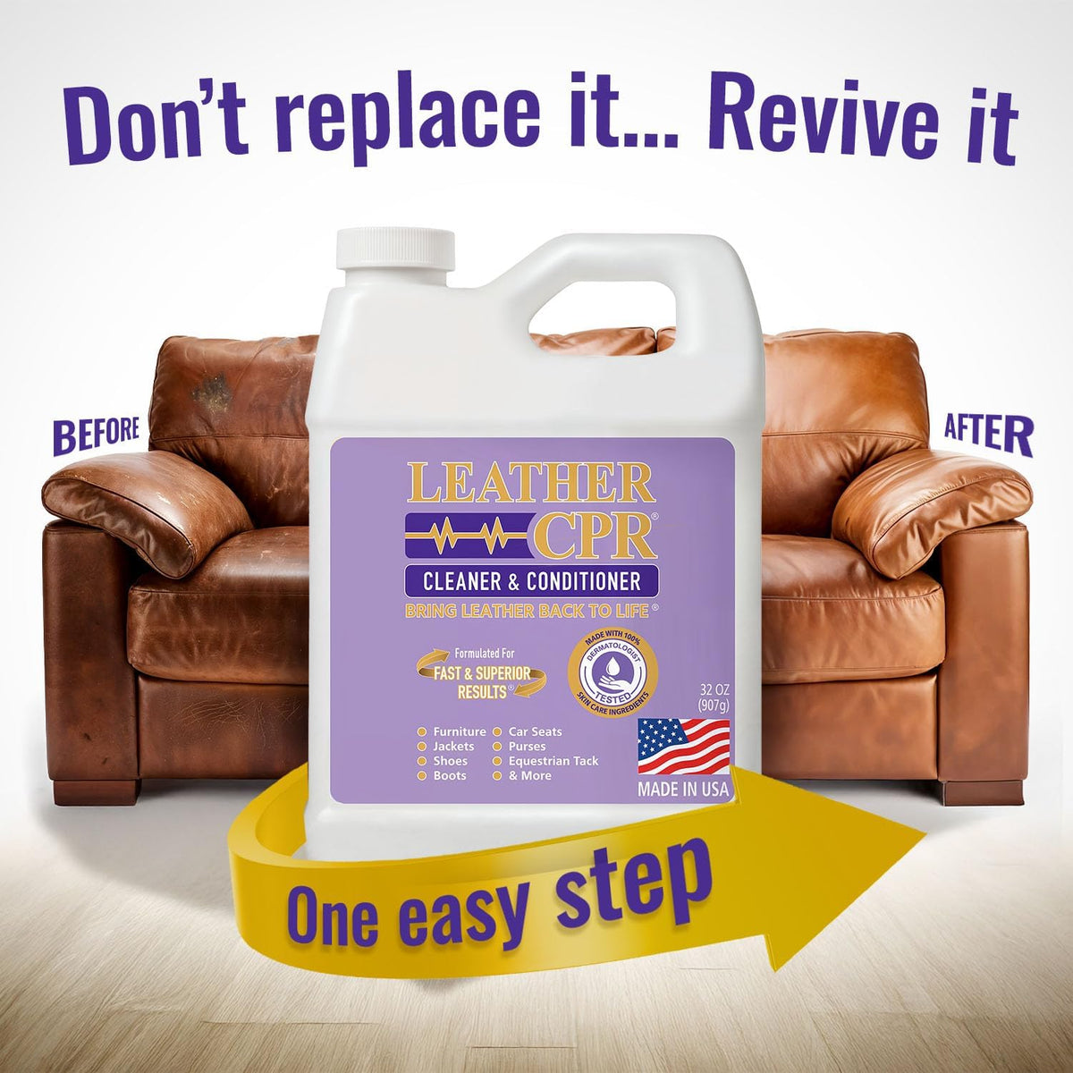 Leather CPR Cleaner and Conditioner 18oz. Bring Leather Back To Life on Furniture, Car Seats, Handbags, Jackets, Boots, Saddles, Purses & Shoes. Restores Shine, Softness & Color to Real Leather