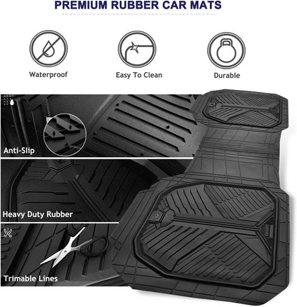 CAR PASS Heavy Duty Rubber Car Mats with Cargo Liner, Deep-Dish Car Floor Mats and Trunk Mat All Weather, Universal Trim-to-Fit for SUVs Trucks Sedans, Waterproof Anti-Slip, Trimmable V12 Black