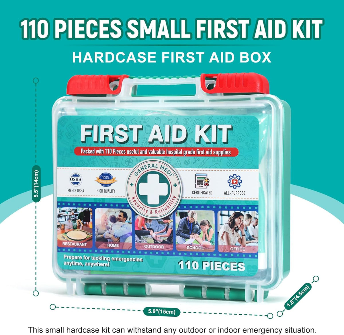 General Medi 110 Pieces Small First Aid Kit - HardCase First Aid Box - Contains Premium Medical Supplies for Travel, Home, Office, Vehicle, Camping, Workplace & Outdoor