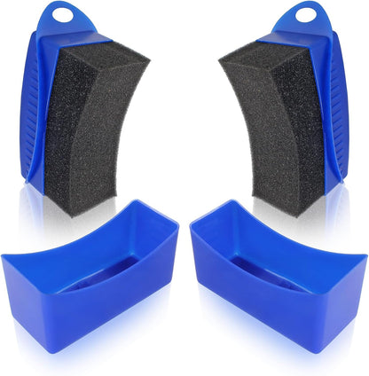 2Pcs Tire Dressing Applicators,Tire Shine Applicator Pads,Reusable Tire Dressing Sponge Pad Car Tire Applicator Pads with Lid for Car Glass, Painted Steel & Porcelain (Blue, Curved