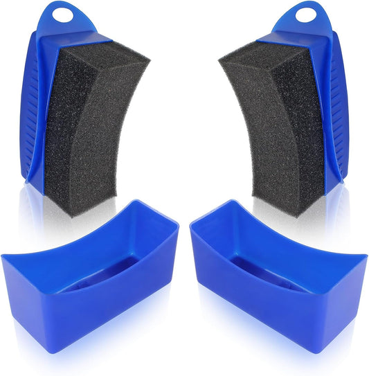 2Pcs Tire Dressing Applicators,Tire Shine Applicator Pads,Reusable Tire Dressing Sponge Pad Car Tire Applicator Pads with Lid for Car Glass, Painted Steel & Porcelain (Blue, Curved