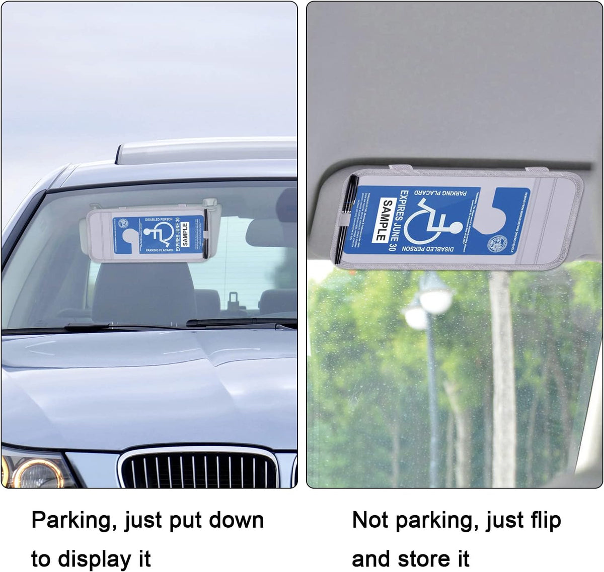 Handicap Placard Holder for Auto, Wisdompro Disabled Parking Permit Sign Protector for Car Sun Visor with Note Paper Slot, Pen Holder and Elastic Strap - Black