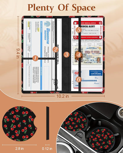 Slohif Car Registration and Insurance Card Holder with Magnetic Shut - Vehicle Glove Box Organizer Women Leather Automobile License Holders Coasters Auto Accessories Case for Document,Strawberry