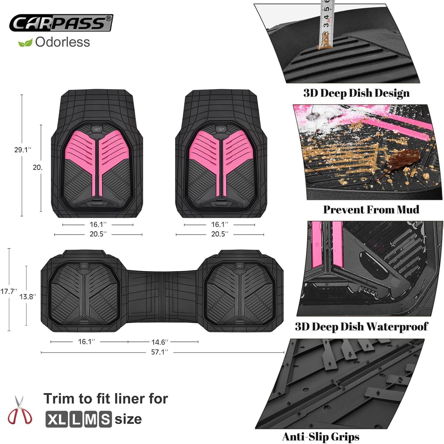 CAR PASS Heavy Duty Rubber Car Mats with Cargo Liner, Deep-Dish Car Floor Mats and Trunk Mat All Weather, Universal Trim-to-Fit for SUVs Trucks Sedans, Waterproof Anti-Slip, Trimmable V12 Black