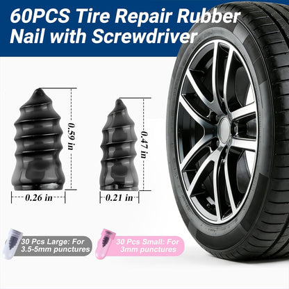 Tire Repair Rubber Nail Kit, Premium Spiral Screw-in Tire Plugs with 2 Sizes, Emergency Roadside Flat Tire Fix Tool for Car Truck Motorcycle Tractor ATV SUV - Fast Self Service Repair, 61 PCS