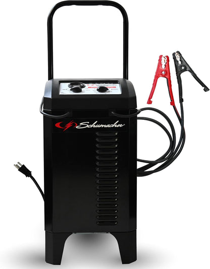Schumacher Electric Wheeled Manual 10A Car Battery Charger and 250A Engine Starter, 2-in-1 Solution, 50A Boost, for 6V/12V Power Sport, Automotive, and Marine Batteries, SC1445