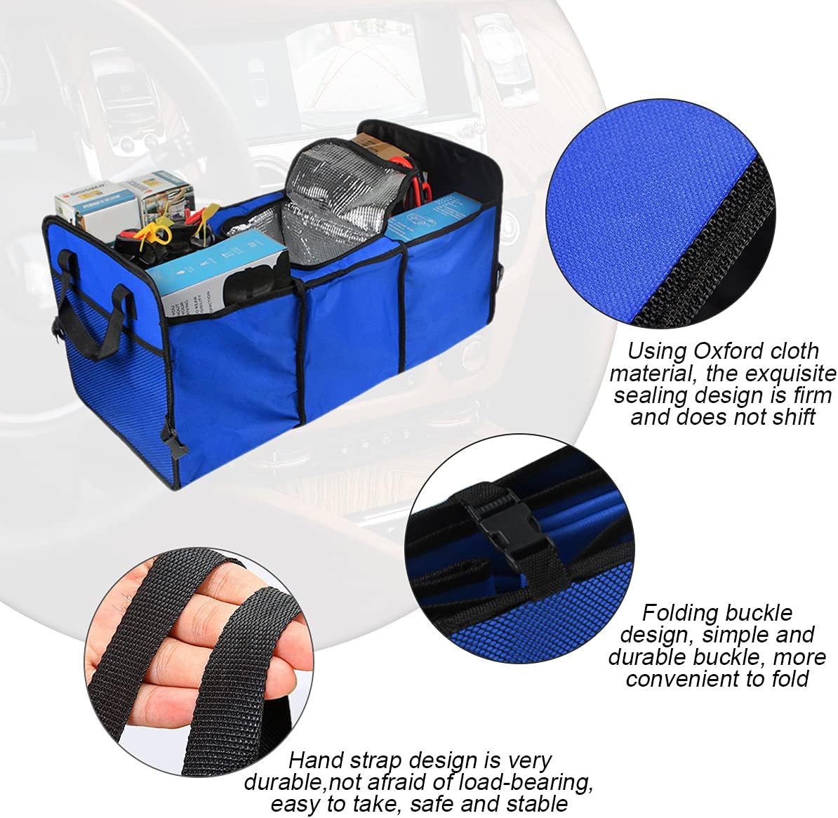Car Trunk Organizer, Portable Foldable Waterproof Auto Storage Bag with 3 Compartments, Collapsible Cargo Trunk Groceries Organizer, Car Accessories Universal for SUV, Truck, Van, Sedan (Black2)