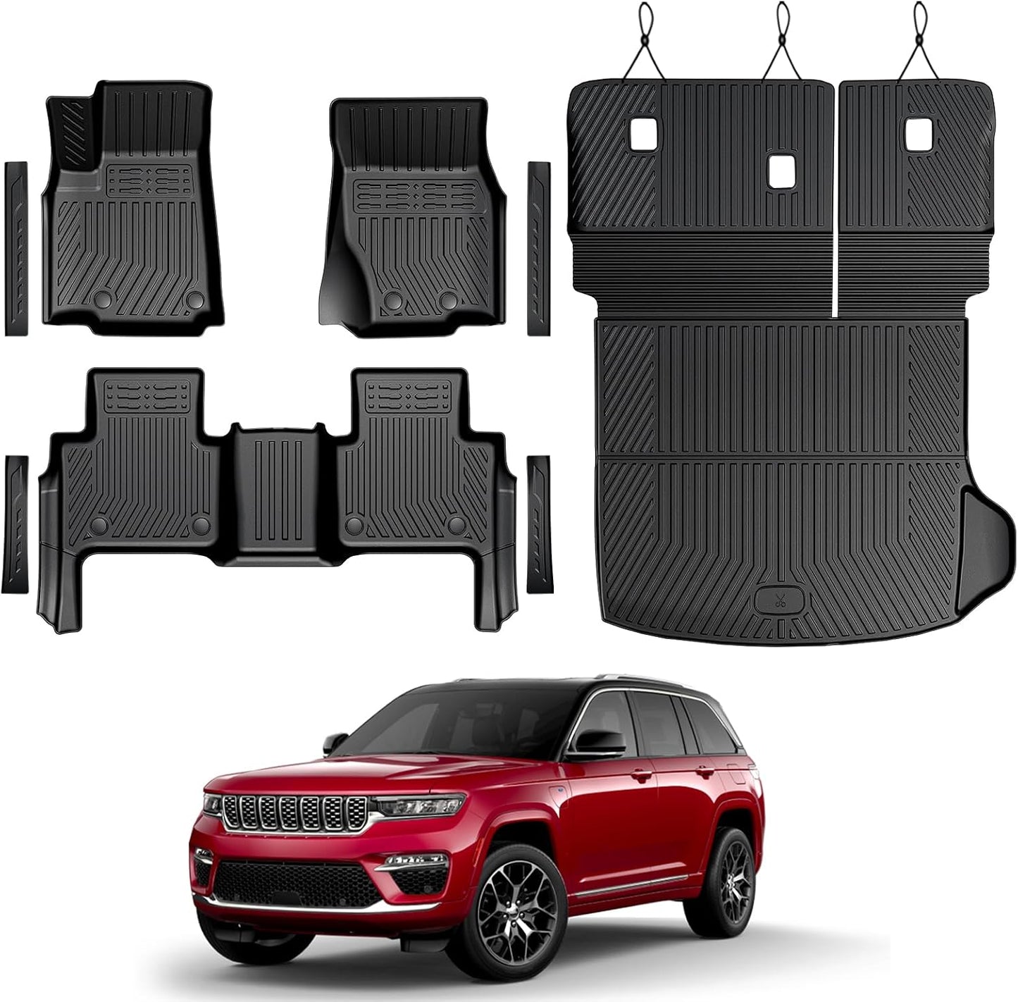 Floor Mats for Jeep Cherokee 2019-2023, All Weather Floor Mats Trunk Cargo Liner with Backrest Protectors and Door Sill Guards Accessories, Full Coverage Set
