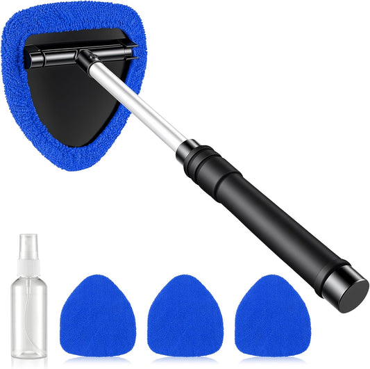 JUSTTOP Windshield Cleaner Tool, Car Interior and Exterior Window Cleaning Kit with Extendable Handle & 4 Reusable Microfiber Pads, Auto Glass Wiper Brush Kit for Car & Home Windows (Green)