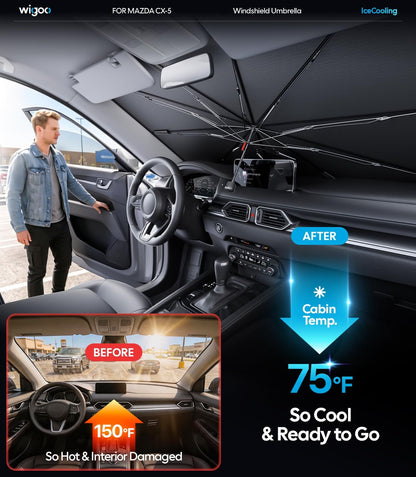 Wigoo Windshield Sun Shade Umbrella for Tesla Model Y [100% Sun Blockage, Ice Cooling Fabric] Foldable Heat Insulation Front Window Sunshade Umbrella for Tesla Model Y 2020–2026 (Juniper)