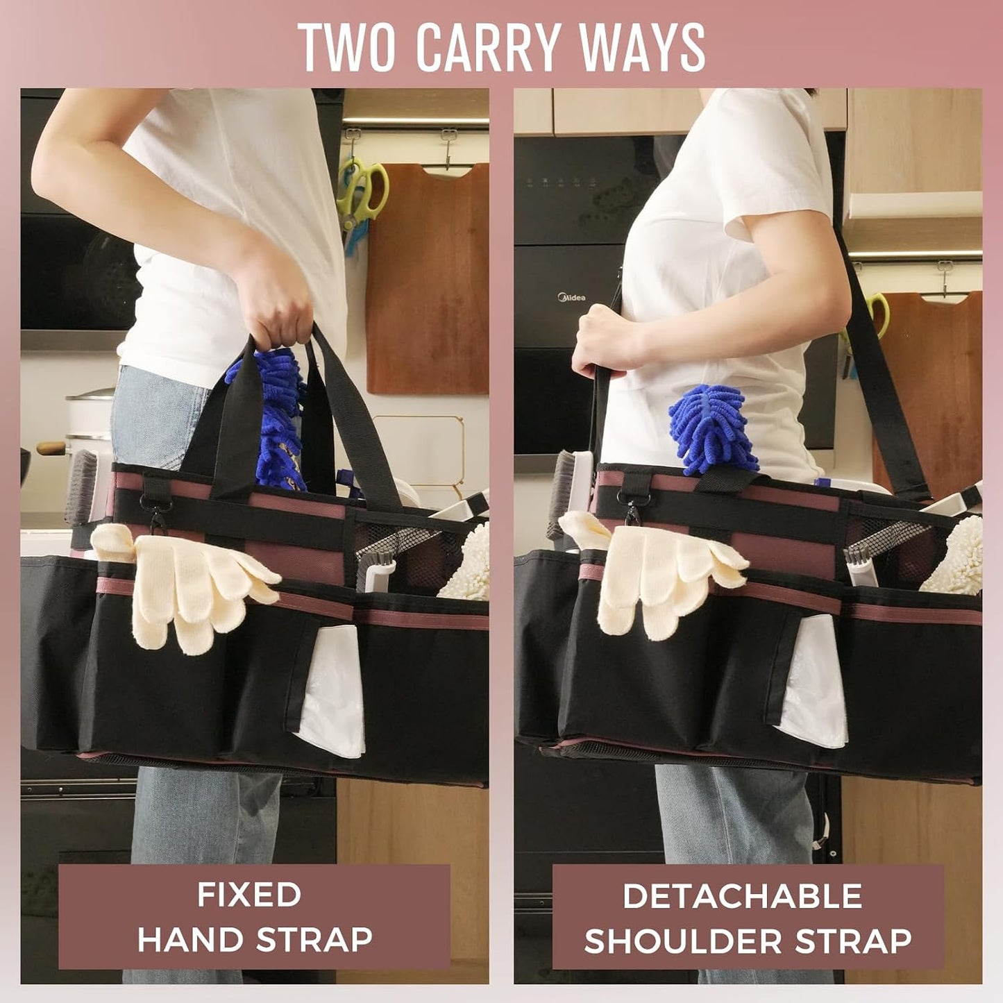SCAVATA Wearable Cleaning Caddy Organizer with Handle & Shoulder Straps for Housekeepers, Under Sink & Car Cleaning Tool Organizer Bag with 4 Foldable Dividers (Green)