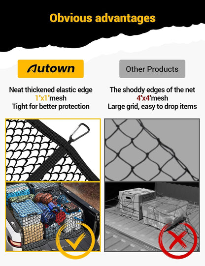 AUTOWN Cargo Net for Pickup Truck Bed - Stretchable 4'x4' to 7'x7', High Elastic Fine Mesh 1''x1'' with 8 Metal Carabiners - Ideal for ATV, SUV, UTV, Truck and Boat Use (Single Layer)
