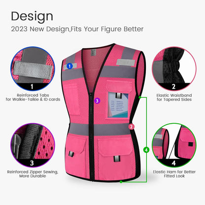 Reflective Vest for Women, Mesh Womens Safety Vest with 11 Pockets and Zipper, Hi Vis Neon Construction Work Vest for Lady Surveyors/Workers, Snugly-Fitted, ANSI Compliant (U-Yellow, S)
