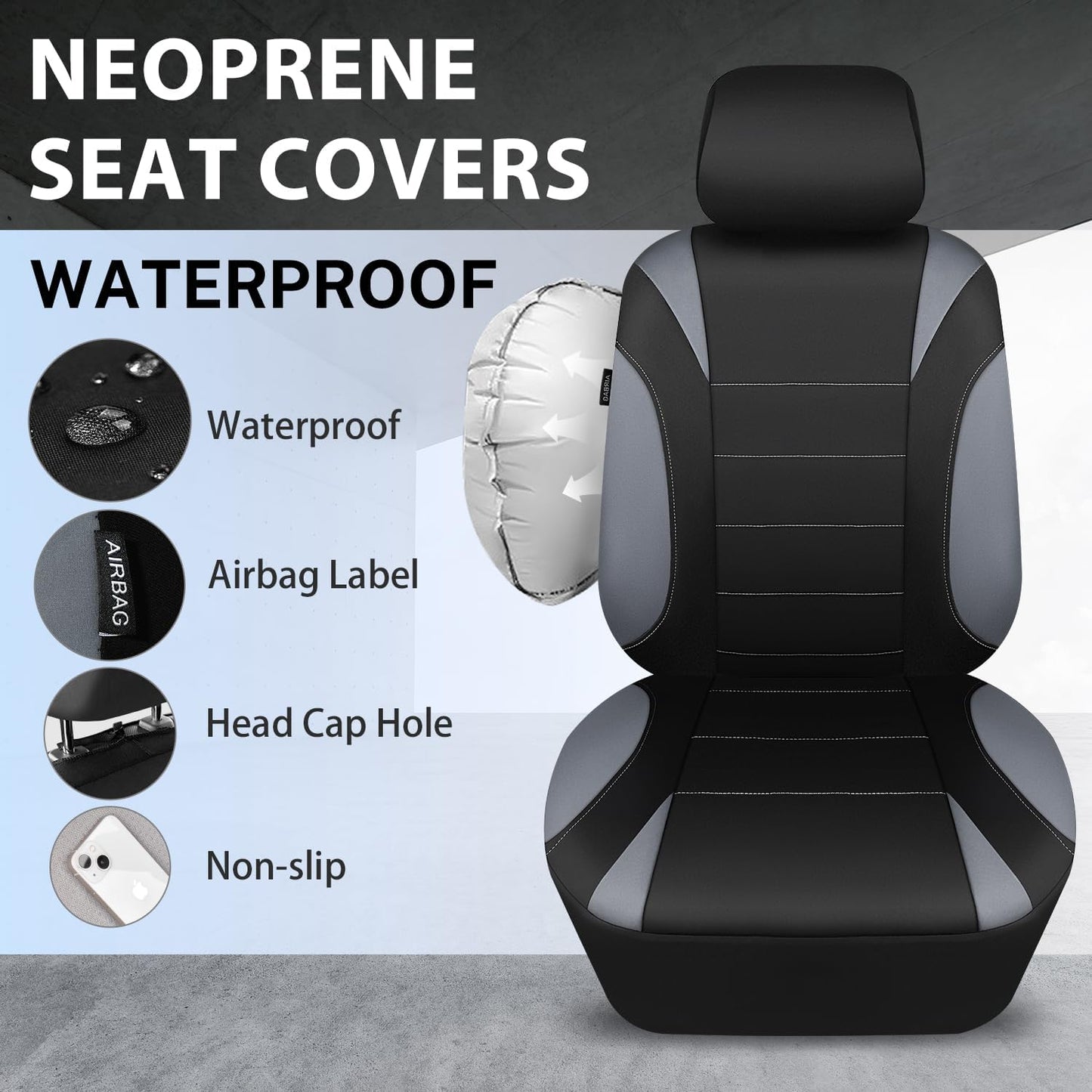 CAR PASS Waterproof Car Seat Covers Front Seats Only with 5mm Composite EVA, Neoprene Car Seat Cover with Separate Headrest Cover, Quick Setup Universal Fit for Car SUV Trucks,Airbag Compatible（Gray