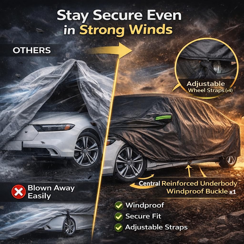 Car Cover Waterproof All Weather for Automobiles, Outdoor Full Exterior Covers for Sedan Black(Suggest Car Length from 194"-208")