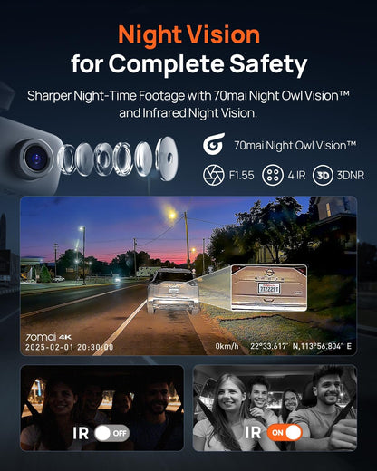 70mai 4K Dash Cam Front and Rear Inside, 3 Channel Car Dash Camera for Cars, Dashcam with GPS, Wi-Fi 6, Voice Control, Parking Monitor, Night Vision, Loop Recording, 64GB SD Card Included (T800E)