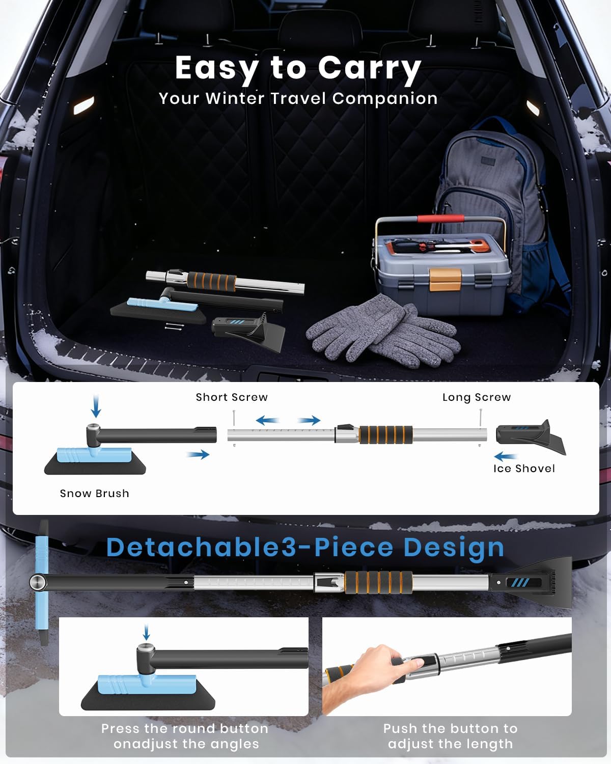 helloleiboo 43.7" Extendable Ice Scrapers for Car Windshield for 12 Adjustable Length Settings with Foam Grip and 360° Pivoting Brush Head Detachable Snow Brush for Truck SUV(Orange)