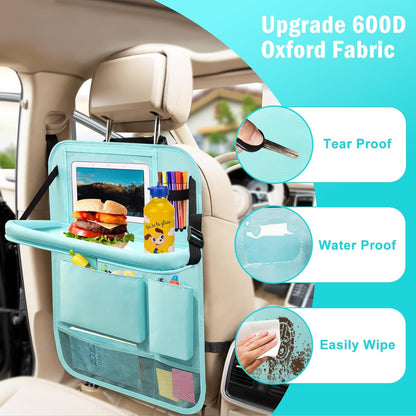 2Pack Car Backseat Organizer with Foldable Table Tray,6 Storage Pockets Car Storage Organizer with Tablet Holder,Car Seat Back Protectors Kick Mats Travel Accessories (Black)