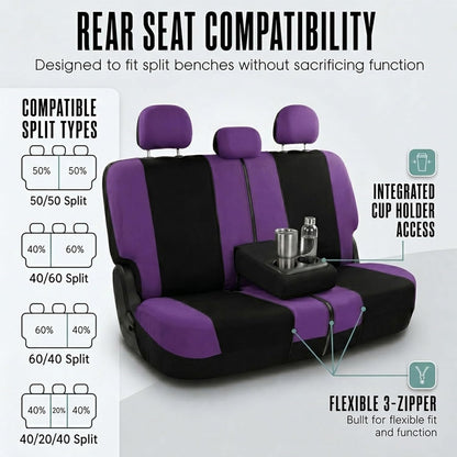 FH Group Full Set Cloth Car Seat Covers, Universal Fit Front and Split Bench Rear, Airbag Compatible, Washable for SUV, Sedan, Van - Black