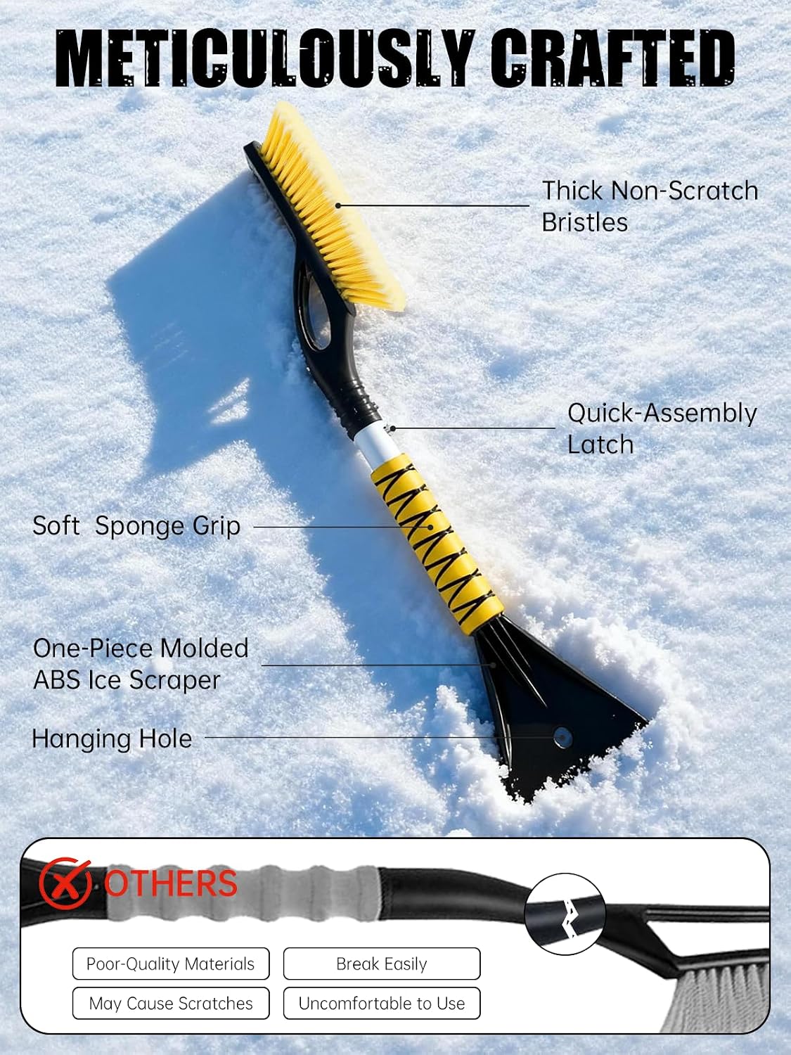 MIKKUPPA 27'' Snow Brush and Ice Scrapers for Car Windshield - Detachable Windshield Scraper, Snow Removal Tool with Curved Connector & Ergonomic Foam Grip for Cars, Trucks, SUVs (Yellow)