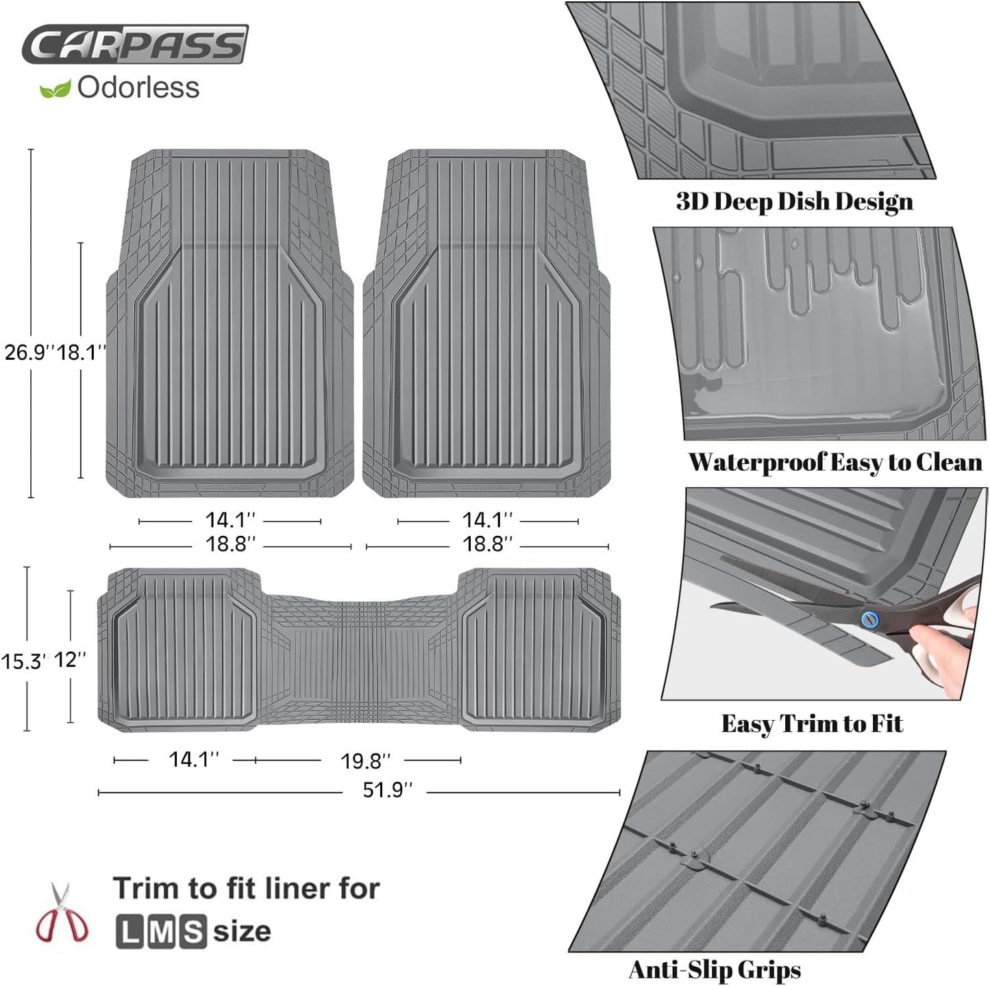 CAR PASS Heavy Duty Rubber Floor Mats for Car, Waterproof Liner Deep Dish Car Mats Full Sets, Universal Trim to Fit for SUV Truck Sedans Vans, All Weather Automotive Floor Mats 3pcs, Solid Black