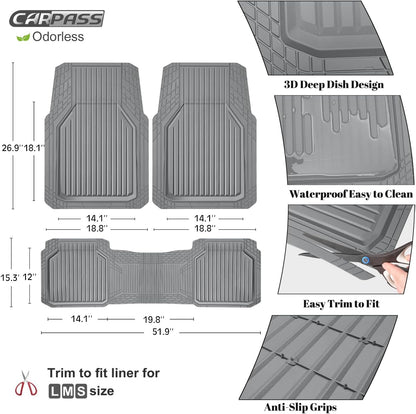 CAR PASS Heavy Duty Rubber Floor Mats for Car, Waterproof Liner Deep Dish Car Mats Full Sets, Universal Trim to Fit for SUV Truck Sedans Vans, All Weather Automotive Floor Mats 3pcs, Solid Black