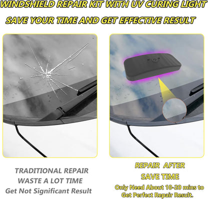 CLAMPER Windshield Repair Kit, Windshield Crack Repair Kit 4 Pcs, Windscreen Repair Kit with Enhanced Injection Head Suction Cup UV Curing Light, Windshield Chip Repair Kit for Bulls-Eye (Yellow)