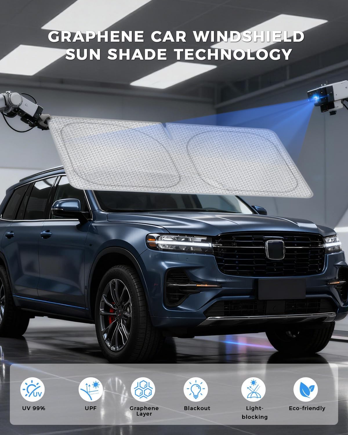 helloleiboo Graphene Car Windshield Sun Shade Car Sun Shade for Windshield with Heat Absorption Coating Foldable Design with UV Protection to Keep Your Car Interior Cooler Silver (X-Large-61 × 34 in)