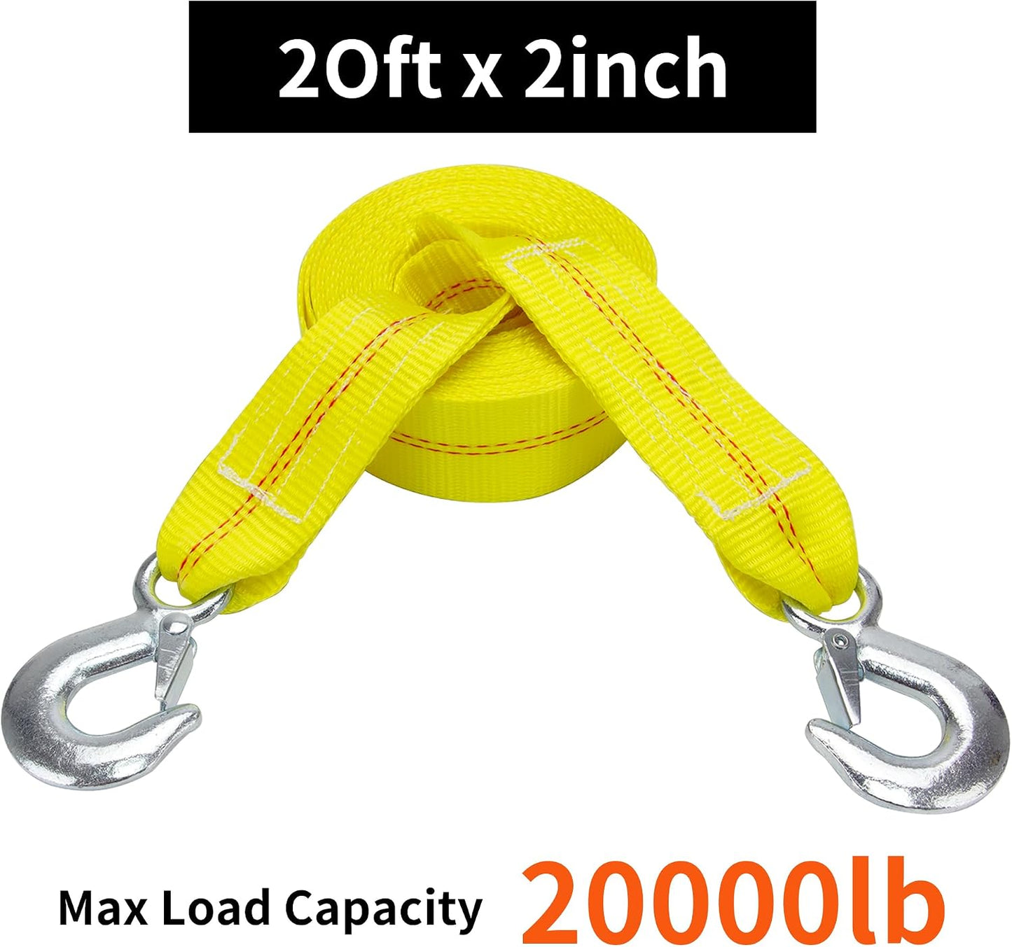 Tow Strap with Hooks 2 Inch x 20 Foot, 20,000 lbs Capacity Tow Rope - Heavy Duty Emergency Towing Straps for Vehicles, Cars, Trucks, ATV, for Roadside Recovery, not for Off-Road Recovery