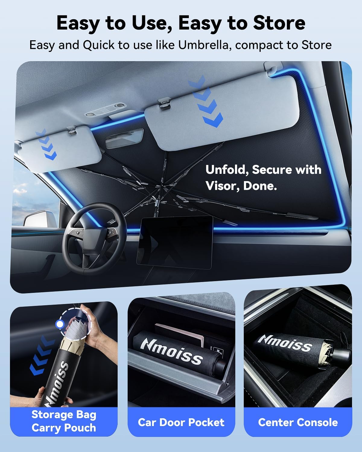 [Upgraded] Nmoiss Windshield Sun Shade Umbrella - [Vinyl Coating Heat Shield] Protect Car from Sun Rays & Heat Damage Keep Cool and Protect Interior, Spring Structure Edge Medium 56" L x 31" W