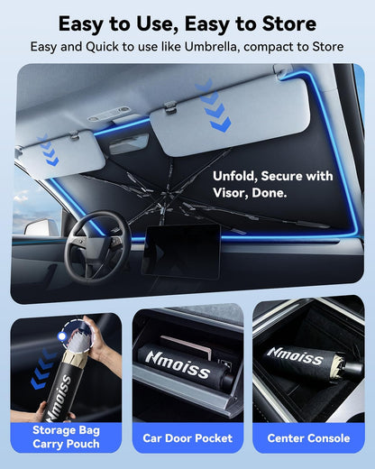 [Upgraded] Nmoiss Windshield Sun Shade Umbrella - [Vinyl Coating Heat Shield] Protect Car from Sun Rays & Heat Damage Keep Cool and Protect Interior, Spring Structure Edge Medium 56" L x 31" W
